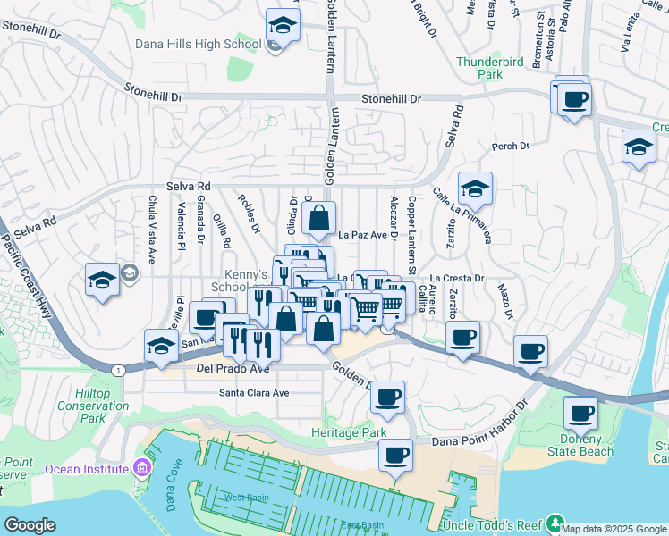 map of restaurants, bars, coffee shops, grocery stores, and more near 33926 Golden Lantern in Dana Point