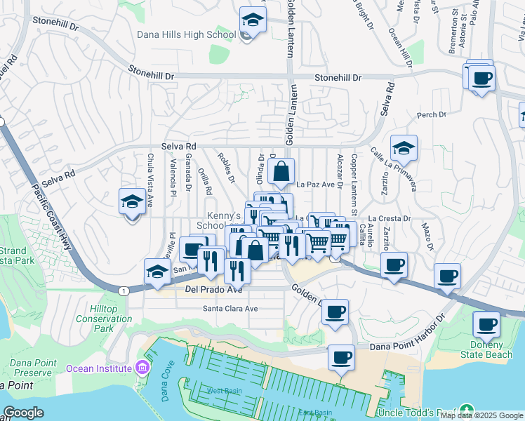 map of restaurants, bars, coffee shops, grocery stores, and more near 24692 Cordova Drive in Dana Point