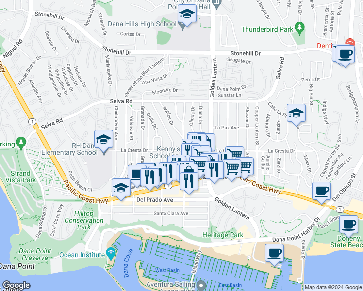 map of restaurants, bars, coffee shops, grocery stores, and more near 33961 Street of the Violet Lantern in Dana Point