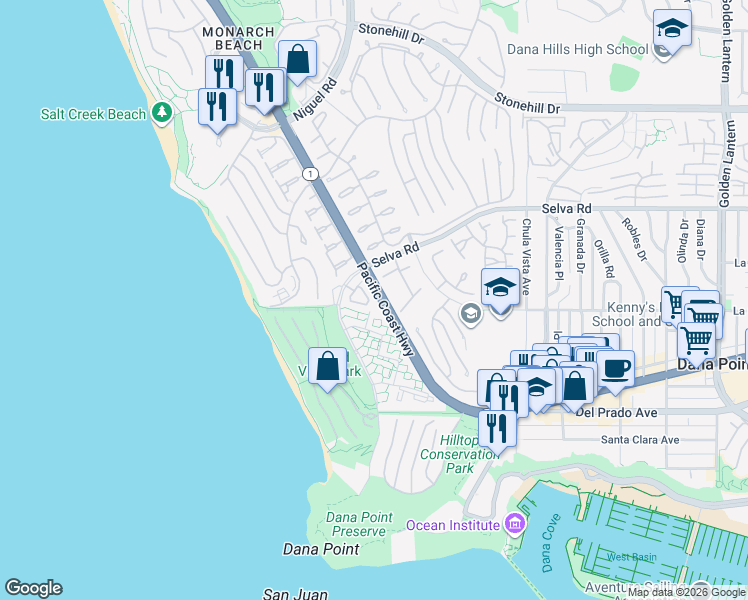map of restaurants, bars, coffee shops, grocery stores, and more near 13 Chelsea Pointe in Dana Point