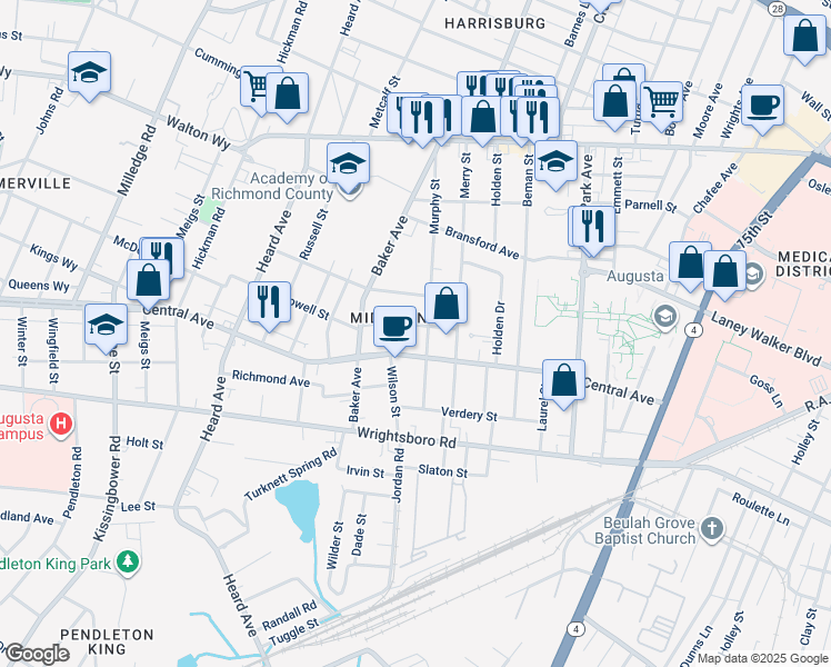 map of restaurants, bars, coffee shops, grocery stores, and more near 1826 McDowell Street in Augusta