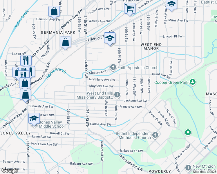 map of restaurants, bars, coffee shops, grocery stores, and more near 1515 21st Street Southwest in Birmingham