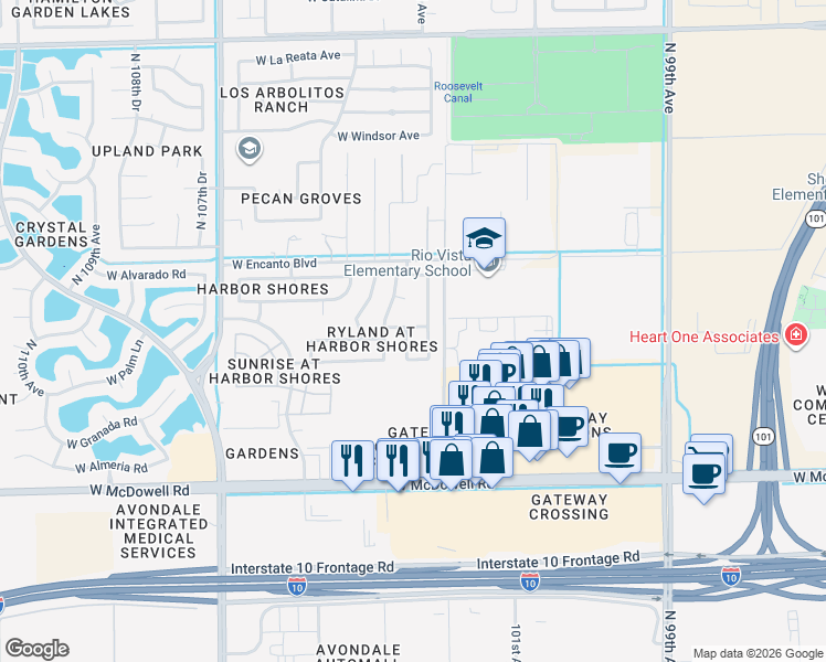 map of restaurants, bars, coffee shops, grocery stores, and more near 1929 N 103rd Ln in Avondale
