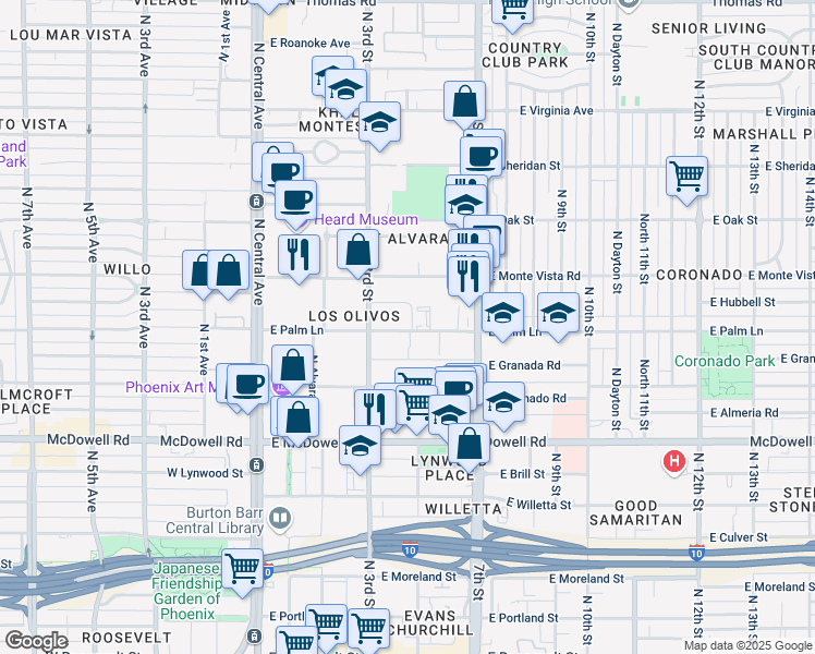 map of restaurants, bars, coffee shops, grocery stores, and more near 340 East Palm Lane in Phoenix