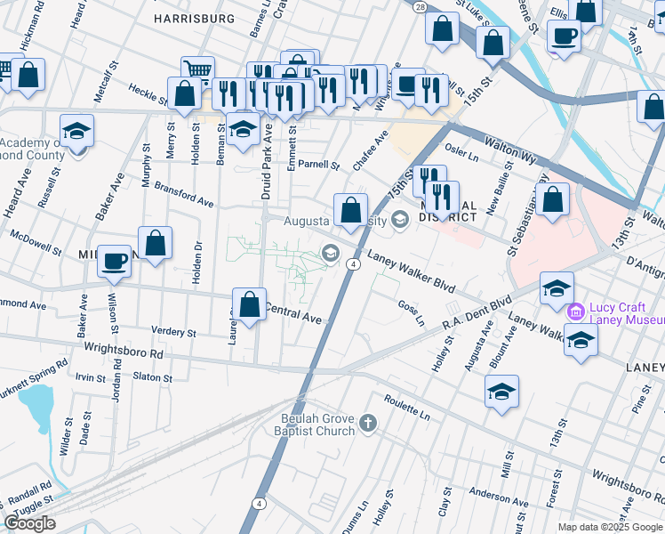 map of restaurants, bars, coffee shops, grocery stores, and more near 1235 15th Street in Augusta