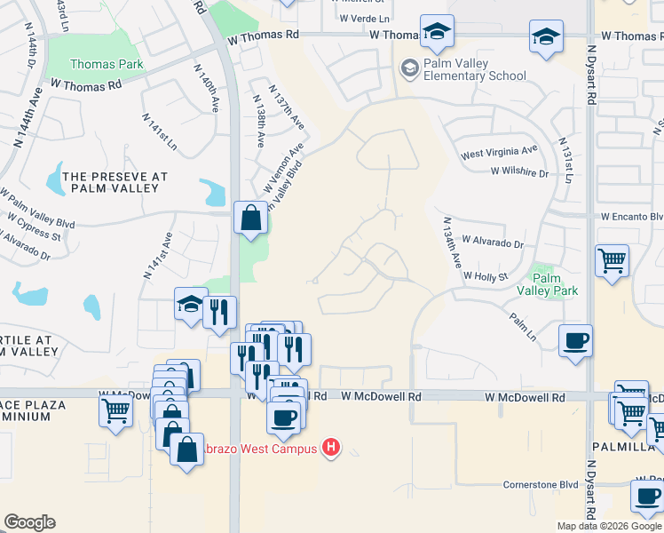 map of restaurants, bars, coffee shops, grocery stores, and more near 13653 West Cypress Street in Goodyear