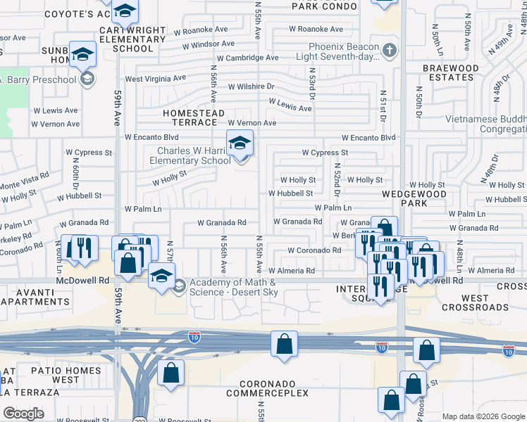 map of restaurants, bars, coffee shops, grocery stores, and more near 1835 North 55th Avenue in Phoenix