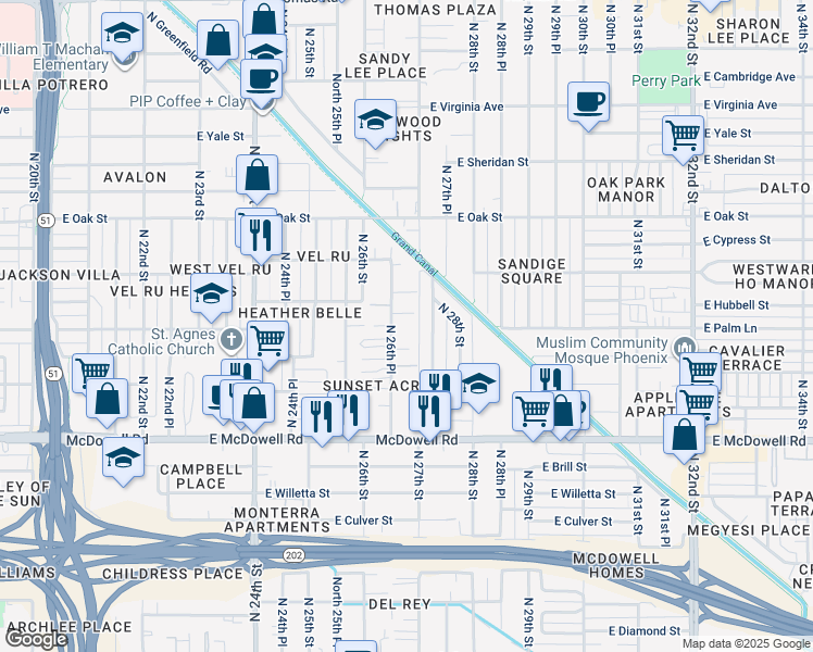 map of restaurants, bars, coffee shops, grocery stores, and more near 2019 North 26th Place in Phoenix