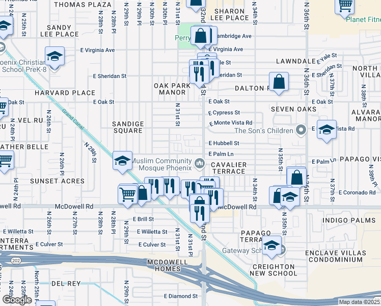 map of restaurants, bars, coffee shops, grocery stores, and more near 3130 East Palm Lane in Phoenix