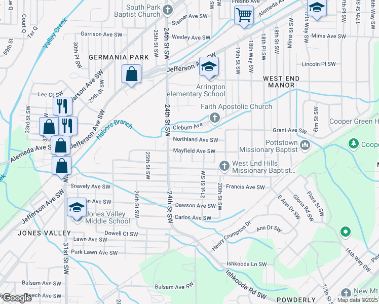 map of restaurants, bars, coffee shops, grocery stores, and more near 1500 22nd St SW in Birmingham