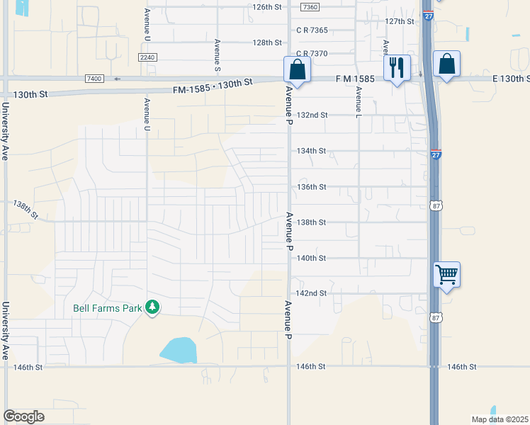 map of restaurants, bars, coffee shops, grocery stores, and more near C R 2300 in Lubbock