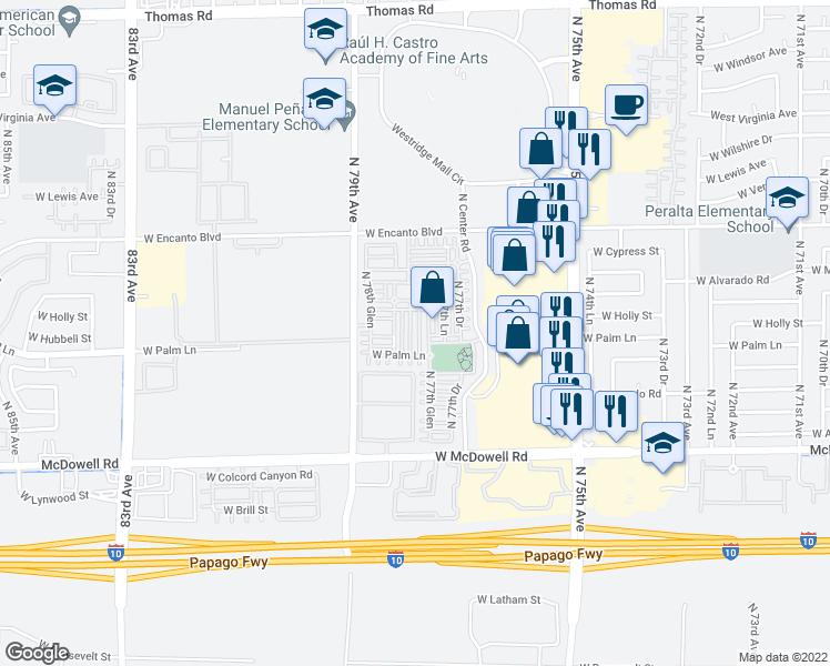 map of restaurants, bars, coffee shops, grocery stores, and more near 1937 North 78th Avenue in Phoenix