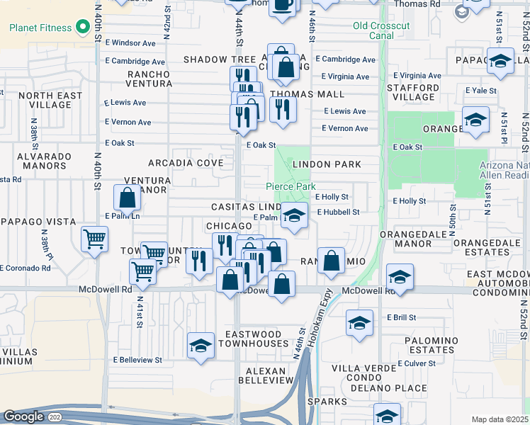 map of restaurants, bars, coffee shops, grocery stores, and more near 4433 East Hubbell Street in Phoenix