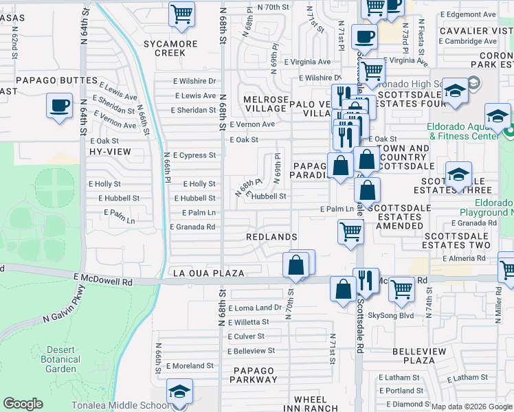 map of restaurants, bars, coffee shops, grocery stores, and more near 6844 East Palm Lane in Scottsdale