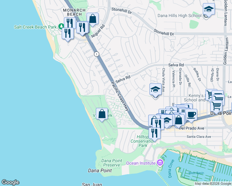 map of restaurants, bars, coffee shops, grocery stores, and more near 13 Chelsea Pointe in Dana Point