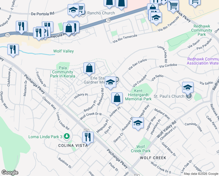 map of restaurants, bars, coffee shops, grocery stores, and more near 45125 Vía Del Coronado in Temecula