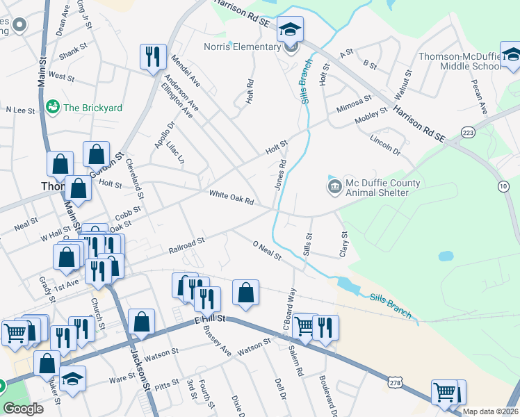map of restaurants, bars, coffee shops, grocery stores, and more near 545 White Oak Road in Thomson