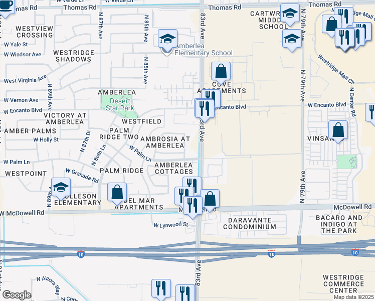 map of restaurants, bars, coffee shops, grocery stores, and more near 2015 North 83rd Drive in Phoenix