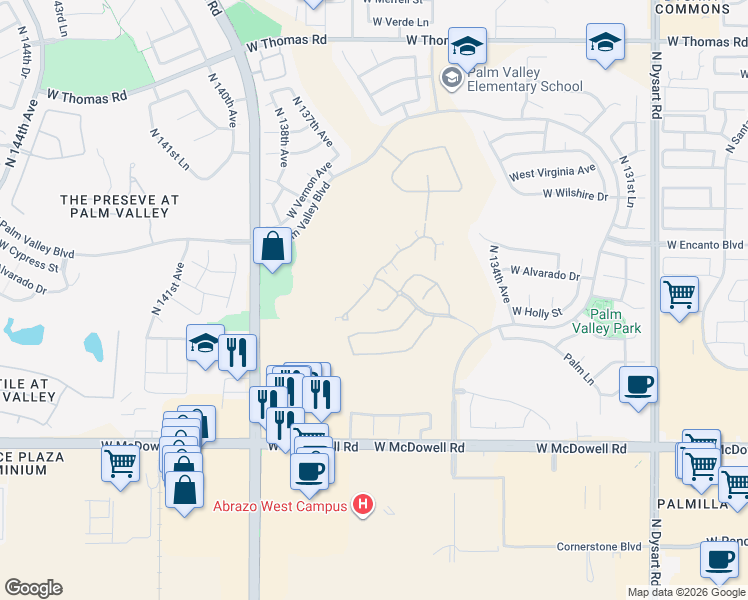 map of restaurants, bars, coffee shops, grocery stores, and more near 13653 West Cypress Street in Goodyear