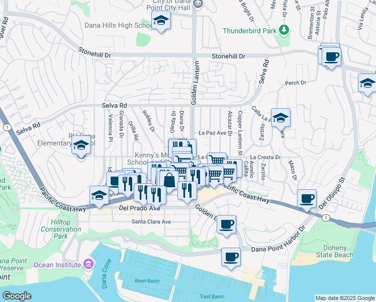 map of restaurants, bars, coffee shops, grocery stores, and more near 33951 Golden Lantern in Dana Point