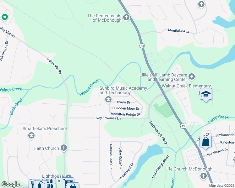 map of restaurants, bars, coffee shops, grocery stores, and more near 617 Moorings Avenue in McDonough