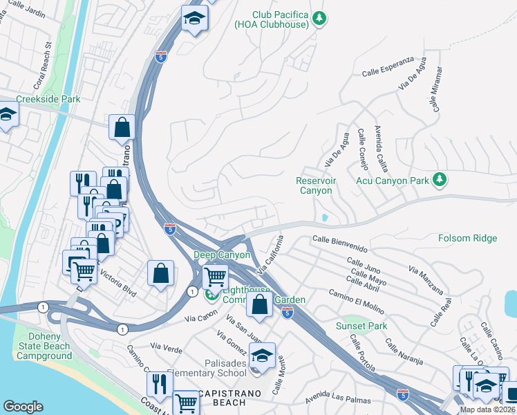 map of restaurants, bars, coffee shops, grocery stores, and more near 28180 Paseo Del Mar in San Juan Capistrano