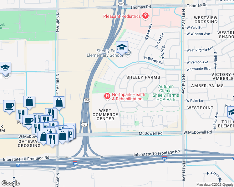 map of restaurants, bars, coffee shops, grocery stores, and more near 9444 West Hubbell Street in Phoenix