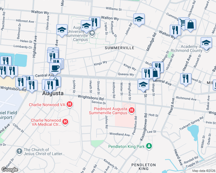 map of restaurants, bars, coffee shops, grocery stores, and more near 1422 Johns Road in Augusta