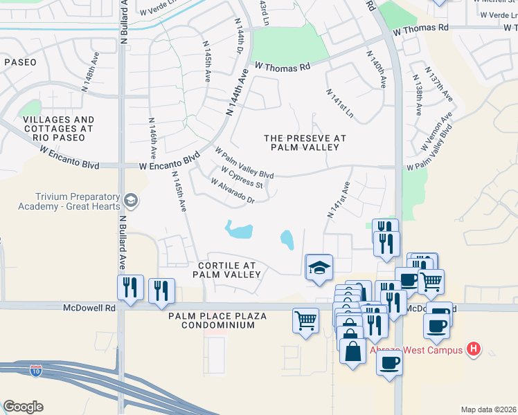 map of restaurants, bars, coffee shops, grocery stores, and more near 14309 West Alvarado Drive in Goodyear