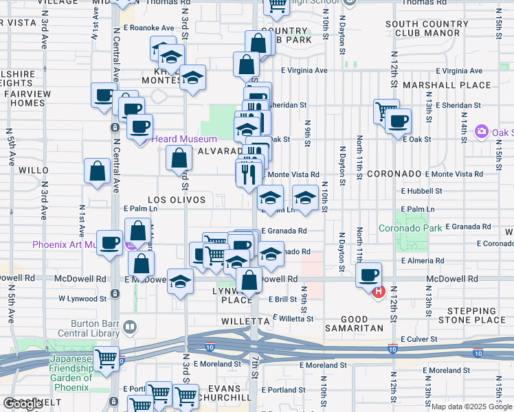 map of restaurants, bars, coffee shops, grocery stores, and more near 2001 North 7th Street in Phoenix