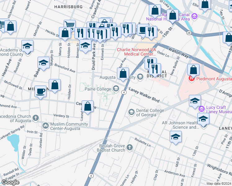 map of restaurants, bars, coffee shops, grocery stores, and more near 1235 15th Street in Augusta