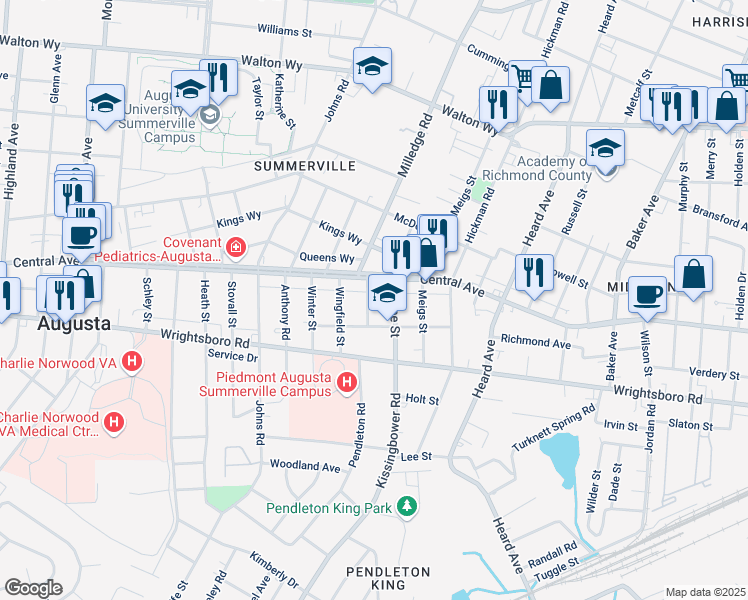 map of restaurants, bars, coffee shops, grocery stores, and more near 1312 Milledge Road in Augusta