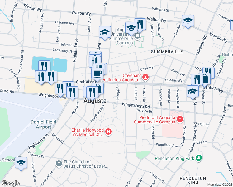 map of restaurants, bars, coffee shops, grocery stores, and more near 1531 Schley Street in Augusta