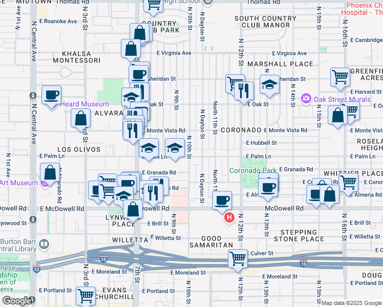 map of restaurants, bars, coffee shops, grocery stores, and more near 1002 East Palm Lane in Phoenix