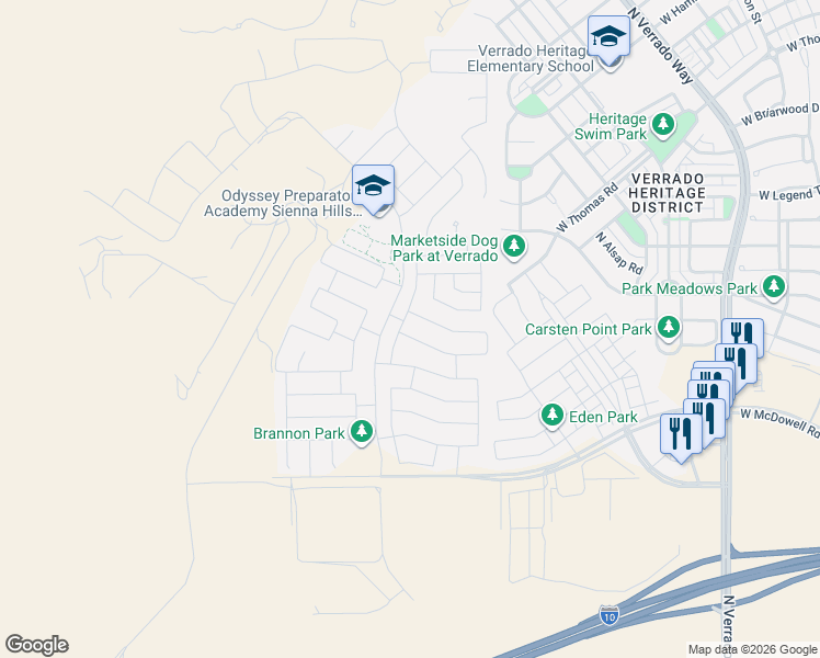 map of restaurants, bars, coffee shops, grocery stores, and more near 21238 West Palm Lane in Buckeye