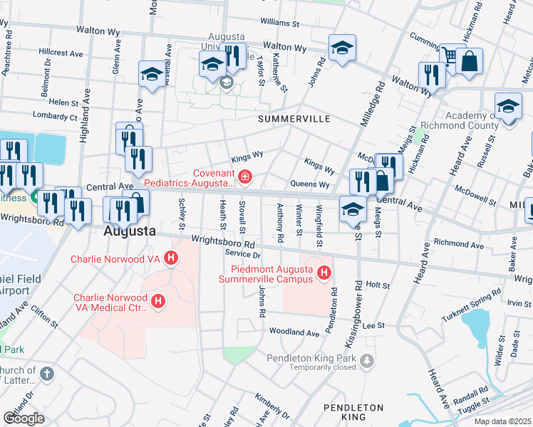 map of restaurants, bars, coffee shops, grocery stores, and more near 1422 Johns Road in Augusta