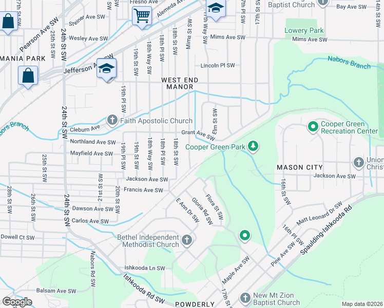 map of restaurants, bars, coffee shops, grocery stores, and more near 1633 Mims Street Southwest in Birmingham