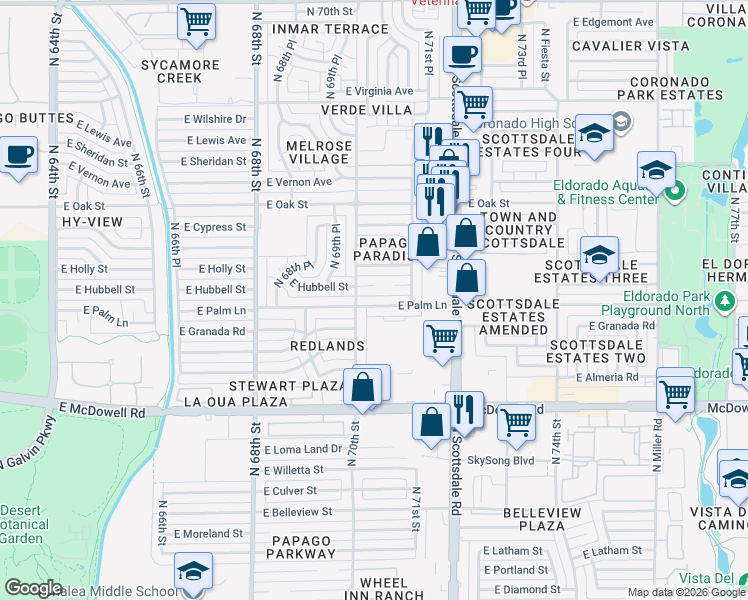 map of restaurants, bars, coffee shops, grocery stores, and more near 7002 East Palm Lane in Scottsdale