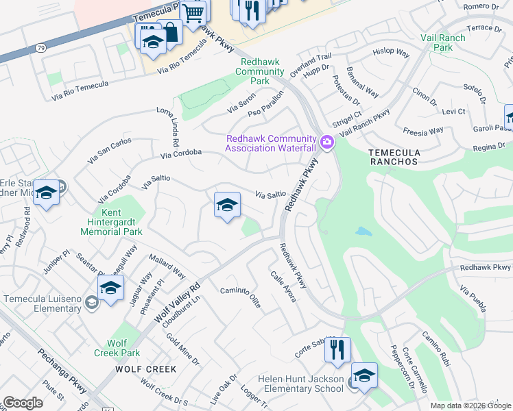 map of restaurants, bars, coffee shops, grocery stores, and more near 32134 Corte Eldorado in Temecula