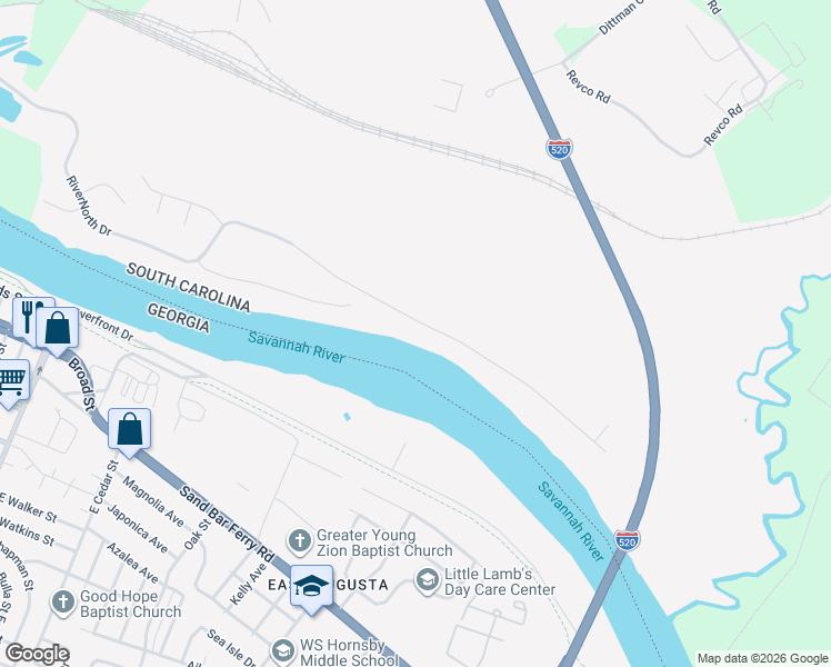 map of restaurants, bars, coffee shops, grocery stores, and more near 650 RiverNorth Drive in North Augusta