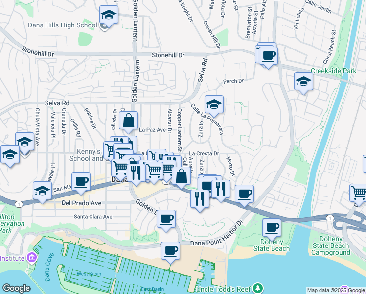 map of restaurants, bars, coffee shops, grocery stores, and more near 33961 Mariana Drive in Dana Point