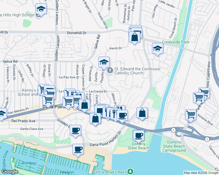 map of restaurants, bars, coffee shops, grocery stores, and more near 33941 Calle La Primavera in Dana Point