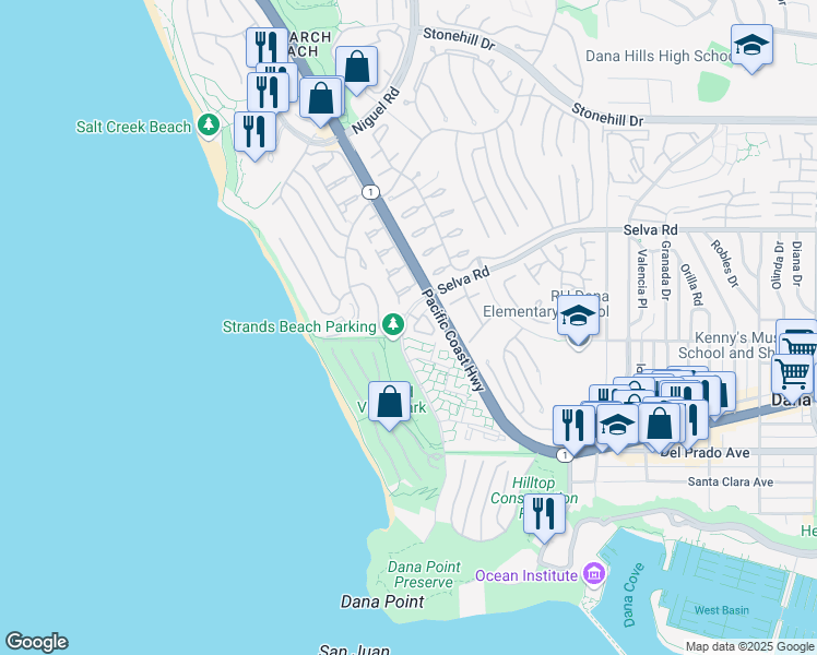 map of restaurants, bars, coffee shops, grocery stores, and more near 3 Chelsea Pointe in Dana Point