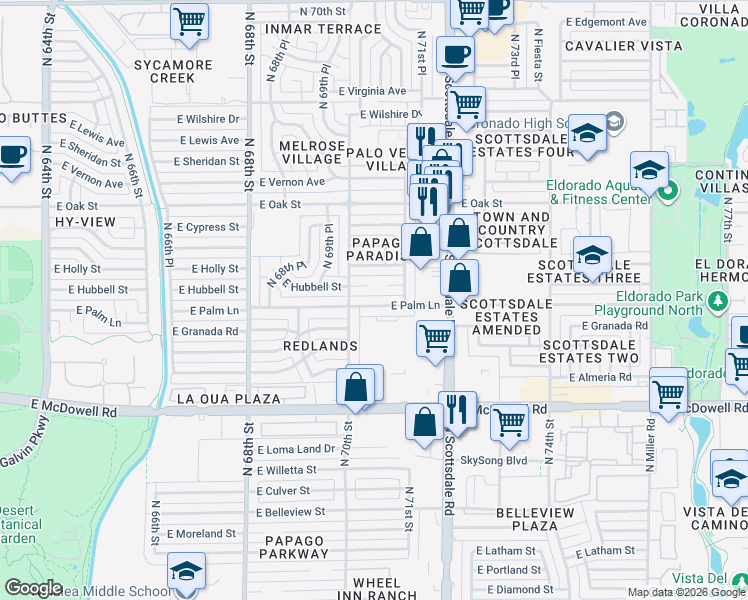 map of restaurants, bars, coffee shops, grocery stores, and more near 7020 East Palm Lane in Scottsdale
