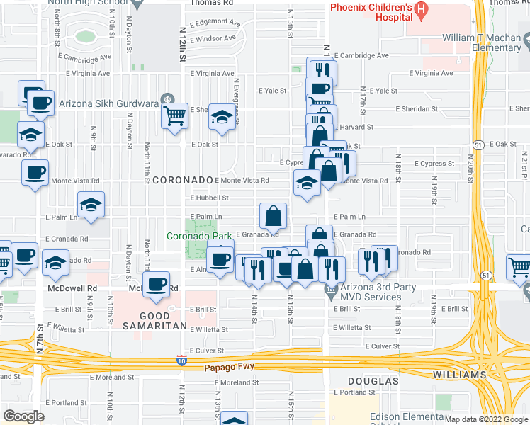 map of restaurants, bars, coffee shops, grocery stores, and more near 1414 East Palm Lane in Phoenix