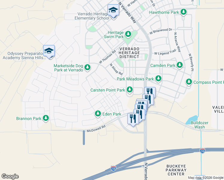 map of restaurants, bars, coffee shops, grocery stores, and more near 20814 West Granada Road in Buckeye