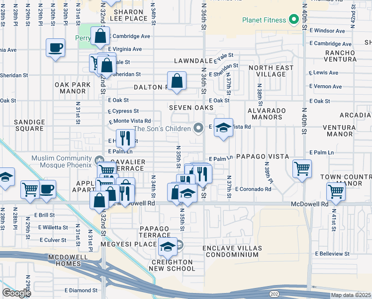 map of restaurants, bars, coffee shops, grocery stores, and more near 3444 East Palm Lane in Phoenix