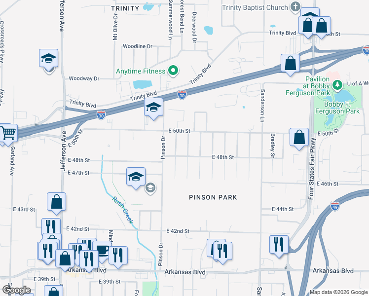 map of restaurants, bars, coffee shops, grocery stores, and more near 4805 Ridgeway Drive in Texarkana