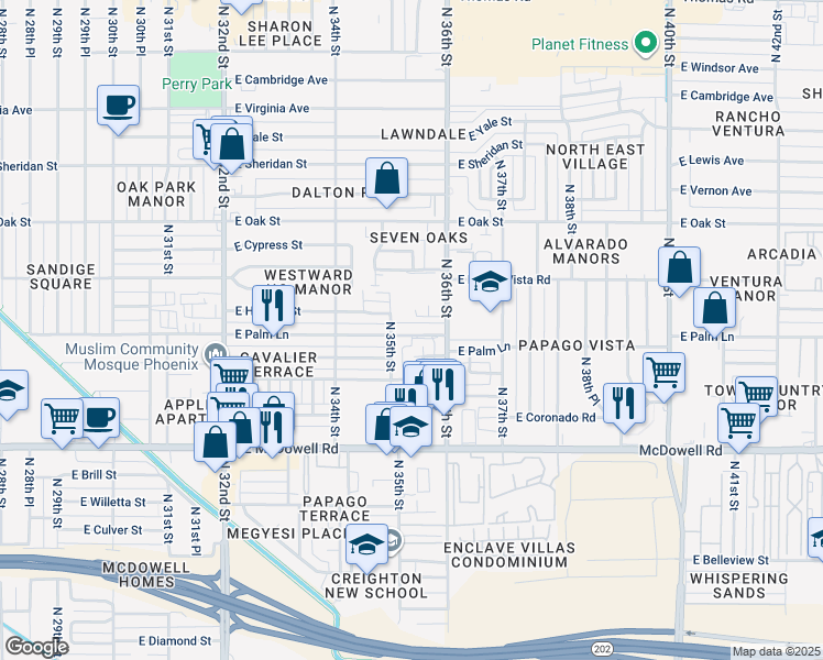 map of restaurants, bars, coffee shops, grocery stores, and more near 2000 North 36th Street in Phoenix