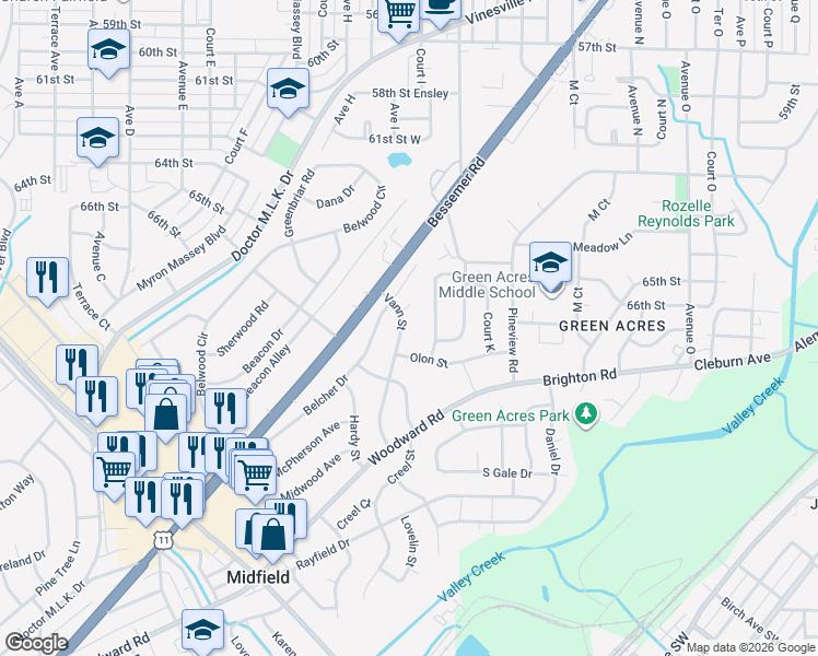 map of restaurants, bars, coffee shops, grocery stores, and more near 109 Vann Street in Birmingham